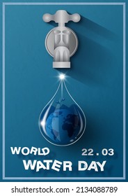 Front view of water tap and world water day letters in paper cut style  with global water droplet in glass style on navy blue paper pattern background.