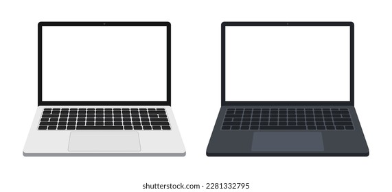 Front view of of white and black laptops. Vector mockup.