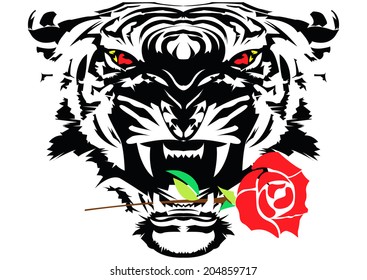 The front view of white and black trail tiger head with red and yellow eyes is holding the red rose in the mouth vector on white background.