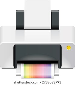 Front view of a white home office inkjet printer producing a vibrant rainbow color spectrum test sheet on transparent background
