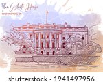 Front view of the White House and the lawn. Cityscape, urban hand drawing. Painted Sketch. Watercolor feel. Editable EPS10 vector illustration.