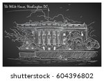 Front view of the White House and the lawn. Cityscape, urban hand drawing. Chalk on a blackboard imitation. Editable EPS10 vector illustration.
