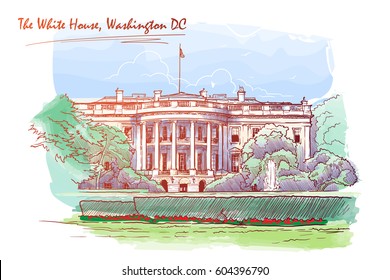 Front view of the White House and the lawn. Cityscape, urban hand drawing. Painted Sketch. Watercolor feel. Editable EPS10 vector illustration.