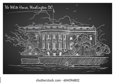 Front view of the White House and the lawn. Cityscape, urban hand drawing. Chalk on a blackboard imitation. Editable EPS10 vector illustration.