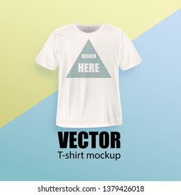 Front view of white men's t-shirt realistic mockup. Vector illustration 