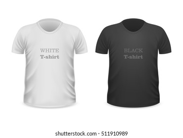 Front view white t-shirt and black t-shirt isolated on white. Realistic t-shirt vector in flat style. Popular colors t-shirt collection. Casual wear. Cotton unisex polo outfit. Fashionable apparel