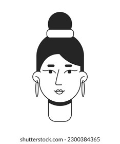 Front view woman with hoops and indian style high bun monochrome flat linear character head. Editable outline hand drawn human face icon. 2D cartoon spot vector avatar illustration for animation