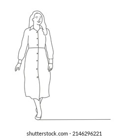 Front view of a woman walking forward. Woman during a walk. Hand drawn vector illustration. Black and white.