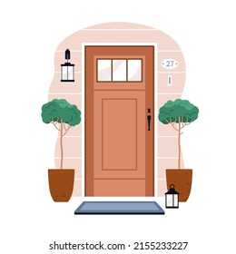 House door front with doorstep and steps porch, window, lamp, flowers in  pot, building entry facade, exterior entrance design illustration vector  flat style Stock Vector