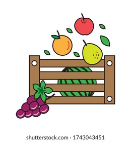 Front view wooden crate container with flying out fresh fruits, apple, grapes, pear, orange, and watermelon isolated on white background.  Flat minimalist grocery shopping banner design.