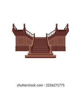 Vista frontal de la ilustración vectorial plana de la escalera de madera. Una escalera vintage para el vestíbulo que conduce de dos formas aisladas en un fondo blanco. Concepto de interior casero