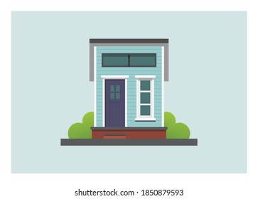 Vista frontal de un edificio de madera diminuto. Ilustración plana simple.