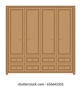 Front view of wooden wardrobe with drawers in isolated white background