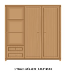 Front view of wooden wardrobe with drawers and shelves in isolated white background