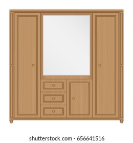 Front view of wooden wardrobe with mirror and drawers in isolated white background