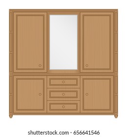 Front view of wooden wardrobe with mirror and drawers in isolated white background