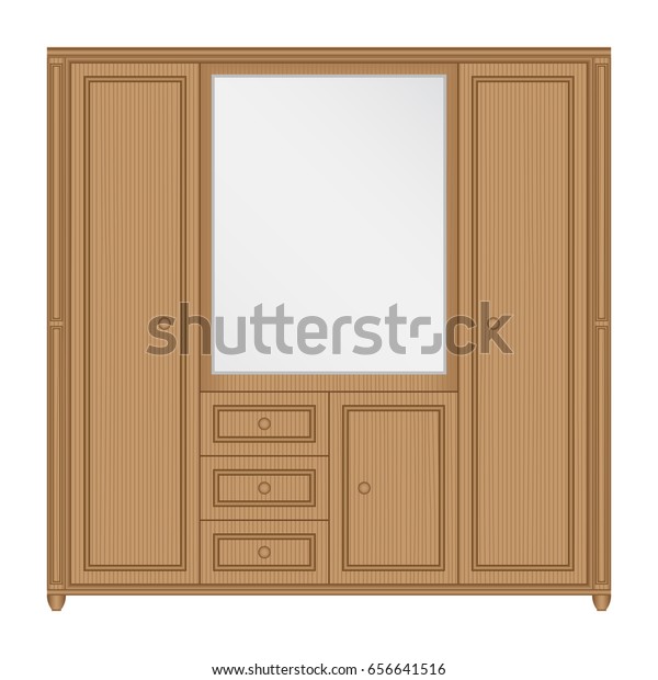 Front View Wooden Wardrobe Mirror Drawers Stock Vector Royalty