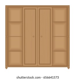 Front view of wooden wardrobe with shelves in isolated white background