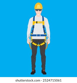 Front view of worker man with completed personal protective equipment for safety in industrial and construction work at height. Hardhat, glasses, full body harness, long sleeve shirt, pant, and shoes.