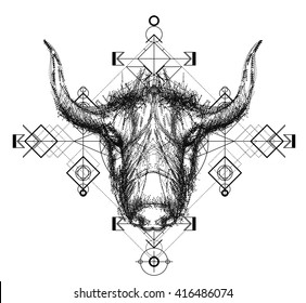 Front view of yak head doodle , geometric trendy line design. Vector illustration for tattoo or print.Abstract geometrical ethnic pattern.