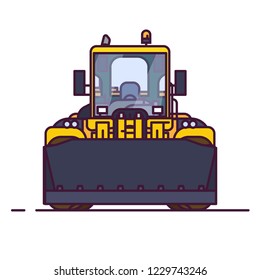 Front view of yellow bulldozer or wheel loader. Line style vector illustration. Construction vehicle and quarry machinery banner. Modern excavator machine. Loader with front bucket, engine vehicle.