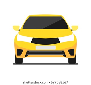 Front view yellow car icon isolated on white background vector illustration. Modern automobile, people transportation, auto vehicle in flat design.