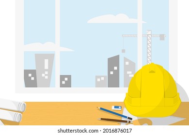 Front view yellow helmet hat on table with blue print and pen and pencil and eraser and ruler drawing tool for engineer and architecture concept graphic flat design background vector illustration