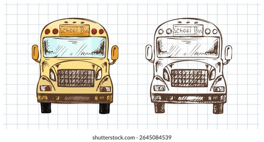 Front view of a yellow school bus with its detailed hand drawn monochrome version on the side. Illustrated in vintage sketch style on grid paper background.