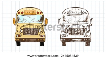 Front view of a yellow school bus with its detailed hand drawn monochrome version on the side. Illustrated in vintage sketch style on grid paper background.