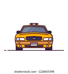 Front view of yellow taxi car with sign. Line style vector illustration. Vehicle and transport banner. Classic american taxi car from New York. Transportation pixel perfect banner.