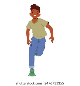 Vista Frontal De Niño Corriendo Con Expresión Alegre. Enérgico Y Alegre Niño Usando Ropa Informal Y Zapatillas Verdes. Concepto De Infancia, Felicidad Y Actividad. Ilustración vectorial de caracteres