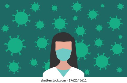 Front view of young female doctor with face mask standing over coronavirus background. Doctors on the front line of the battle against covid-19. Trust and appreciation concept