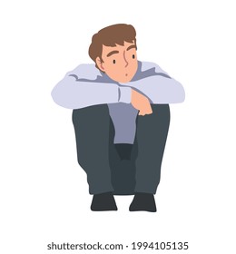 Front View of Young Man Sitting on Floor Cartoon Vector Illustration