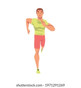 Front View of Young Running Man, Male Athlete in Sports Uniform Running Marathon, Training, Jogging, Doing Morning Workout on Isolated White Background Vector Illustration