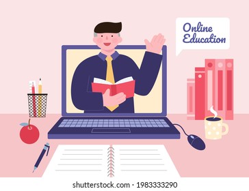 Front view of a young teacher teaching through the computer. Concept of online education, tutorial video, webinar, e learning and business online training.