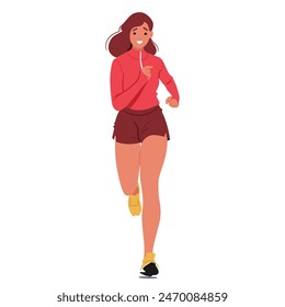 Front View Of Young Woman Jogging. Female Character Dressed In A Red Long-sleeve Top And Brown Shorts, With A Friendly Smile As She Jogs. Joyful Exercise And Motion. Cartoon People Vector Illustration