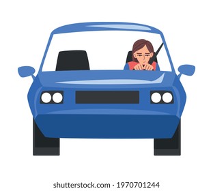 Front View of Young Woman Riding Blue Car, Serious Focused Female Driver Driving Vehicle Cartoon Vector Illustration