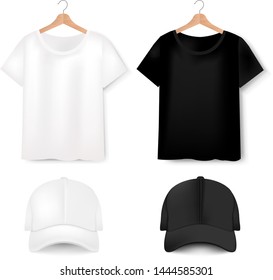 Front Views Of T-shirt And Baseball Cap On White Background With Gradient Mesh, Vector Illustration