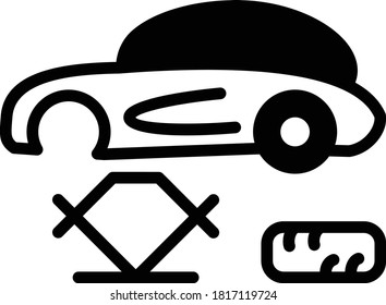 Front wheel Replacement Symbol, Tire Repair Tools and Wheel Shop Equipment on White background, Car upkeep scissor jack concept, Simple spin action and quickly lifts vehicle vector Glyph icon design, 