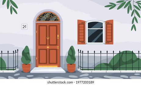 Front wooden door with knocker. Home exterior with arch doorway, porch, window with shutters, potted plants and fence. Dwelling house facade in retro style. Flat vector illustration