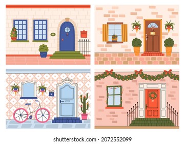 Front wooden doors, house building entrances posters. House exterior with apartment entrances, potted plants vector illustration set. Buildings walls with doorways. Entrance to home front building