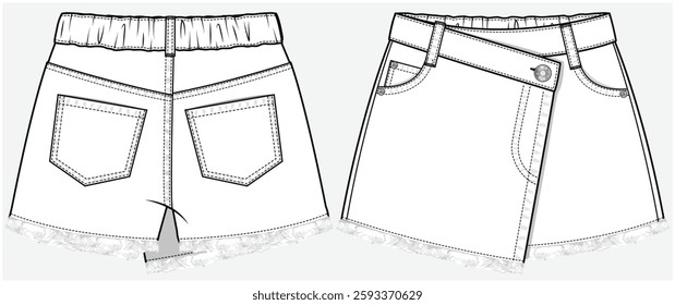 FRONT WRAP ASYMMETRIC DENIM SKORT WITH BACK PATCH POCKET DETAIL DESIGNED FOR TWEEN GIRLS KID GIRLS AND TEEN GIRLS IN VECTOR FILE.