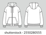 Front zip basic hoodie with kangaroo pocket. Unisex casual clothing. Vector technical sketch. Mockup template.