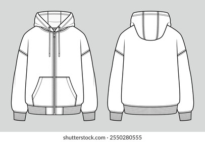 Front zip basic hoodie with kangaroo pocket. Unisex casual clothing. Vector technical sketch. Mockup template.