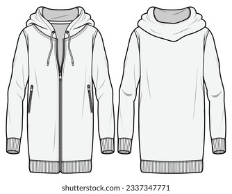 Front Zip Hoodie Sweatshirt Dress Front and Back View. Fashion Flat Sketch Vector Illustration, CAD, Technical Drawing, Flat Drawing, Template, Mockup.