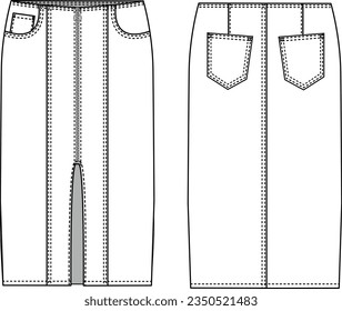 
front zipper midi length women's denim skirt technical drawing, skirt fashion mock up