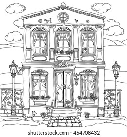 frontage of a house with flowers, plants, cat and dog for adult coloring book or for zen art therapy anti stress drawing. Hand-drawn, vector,very detailed, for coloring book, poster design, contoured