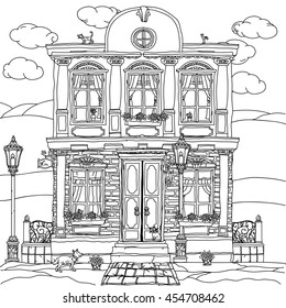 frontage of a house with flowers, plants, cat and dog for adult coloring book or for zen art therapy anti stress drawing. Hand-drawn, vector,very detailed, for coloring book, poster design, contoured