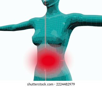 Frontal 3d image of torso of a woman with pain in her stomach.