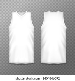 Frontal and back view on white man t-shirt. Realistic mockup of men sportswear. Blank T shirt for gym and tennis. Empty sleeveless clothes for gym. Top tank clothing design. Fashion and mock-up theme